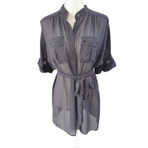 Worthington Womens Sheer Gray Button-Up Tunic With Belt & Pockets L